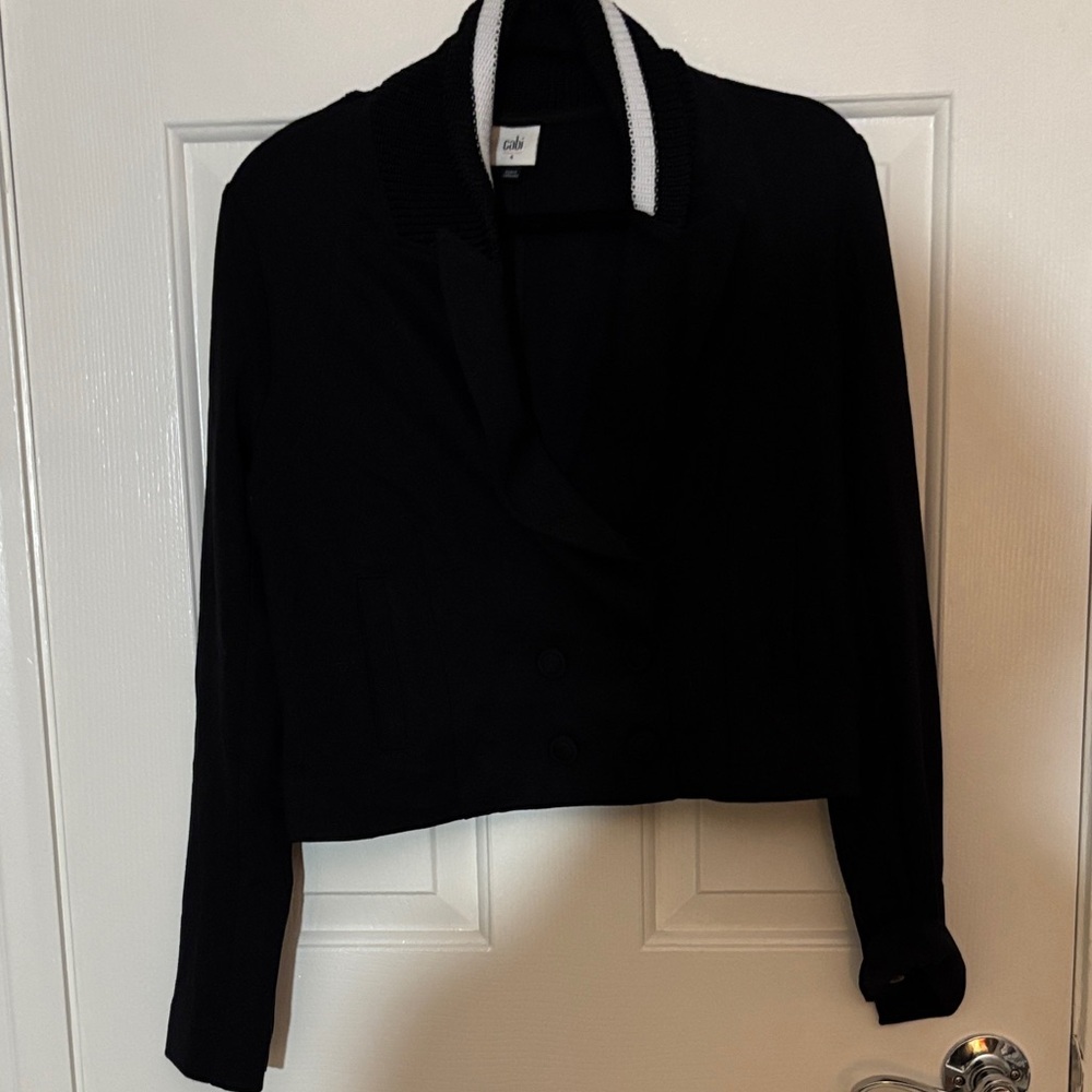 CAbi navy Jacket with Contrasting White Knit Trim